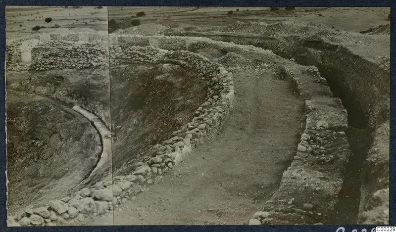 Excavated curved stone walls of the Theatre at Soli, with a trench, spoil heaps and trees beyond.