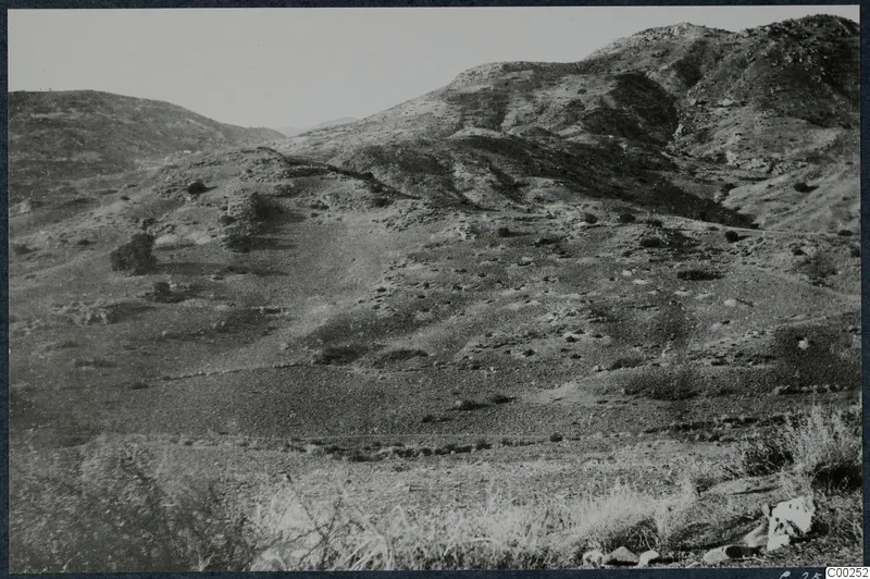 Dry, scrubby hills at Soli with rocky slopes and sparse shrubs under a pale sky