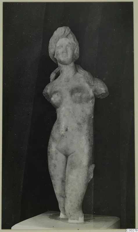 Marble statue of a nude female figure from Soli, without arms, standing on a white plinth