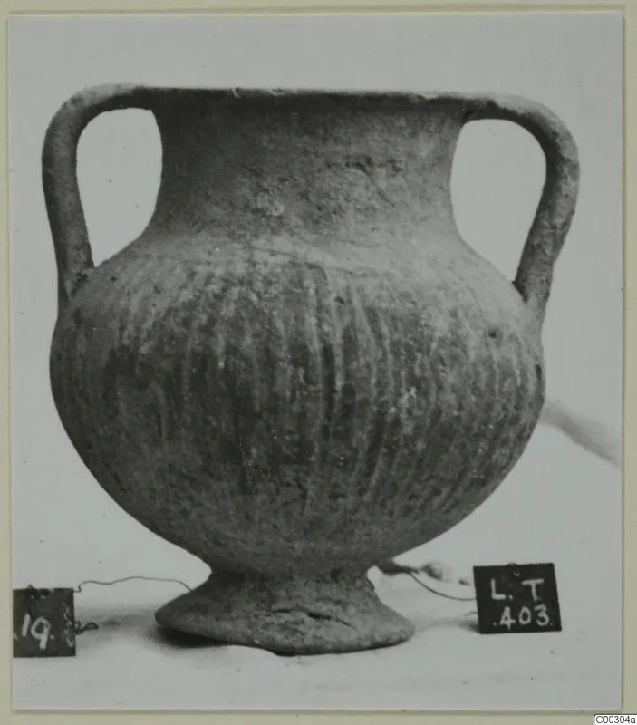 Black-slipped pottery jug with two handles, ribbed body and a ring foot, shown against a plain background