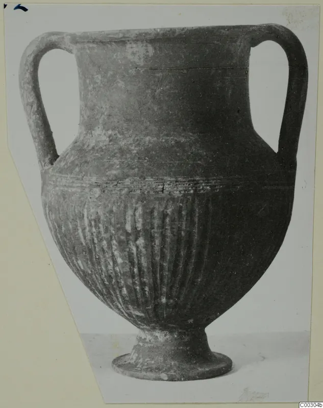 Pottery Plain White I-III: two-handled jar with a fluted lower body and ring foot