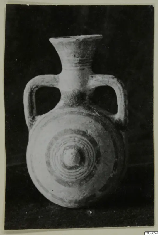 Pottery Bichrome II flask with two loop handles and concentric circles on its flattened front, from Lapithos.