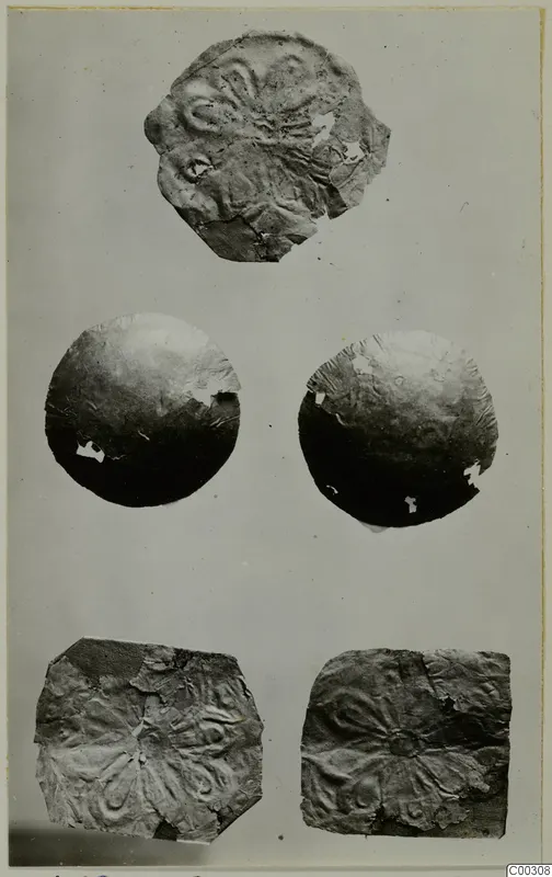 Gold ornaments from Lapithos, Kastros tombs: five embossed sheet fragments, two round and three irregular