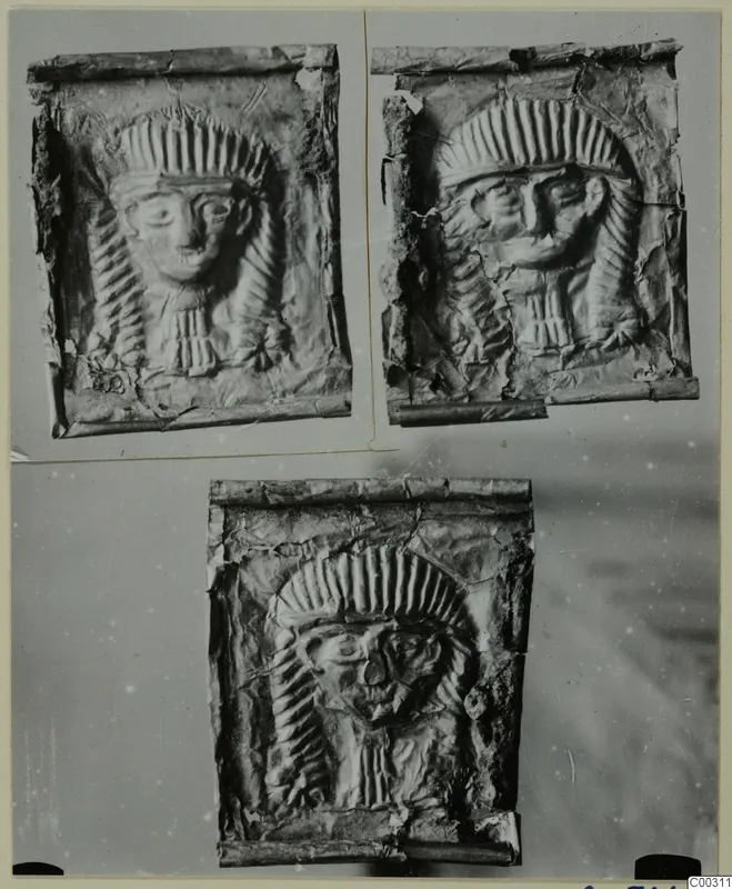 Three views of a thin embossed metal plaque from Lapithos, showing a face framed by a ridged headdress