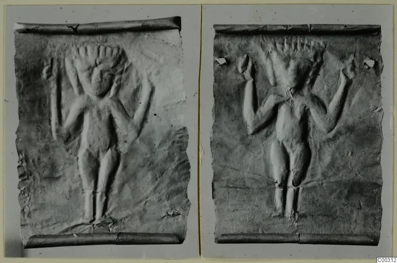 Two photographs of a thin embossed metal plaque showing a standing nude figure with arms raised