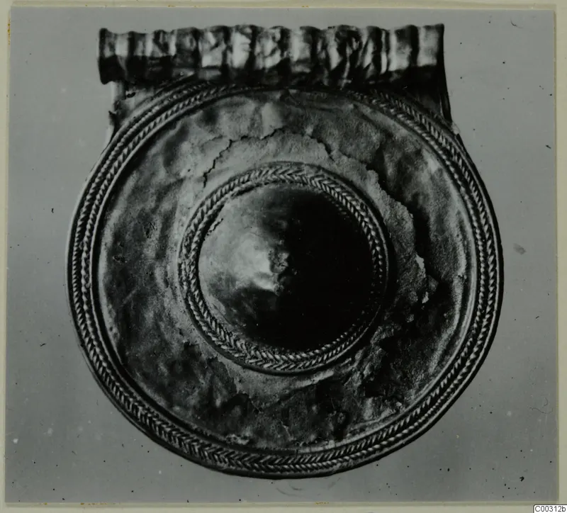Round gold-coloured pendant disc with twisted-wire borders, a raised central boss and a ribbed loop along the top edge.