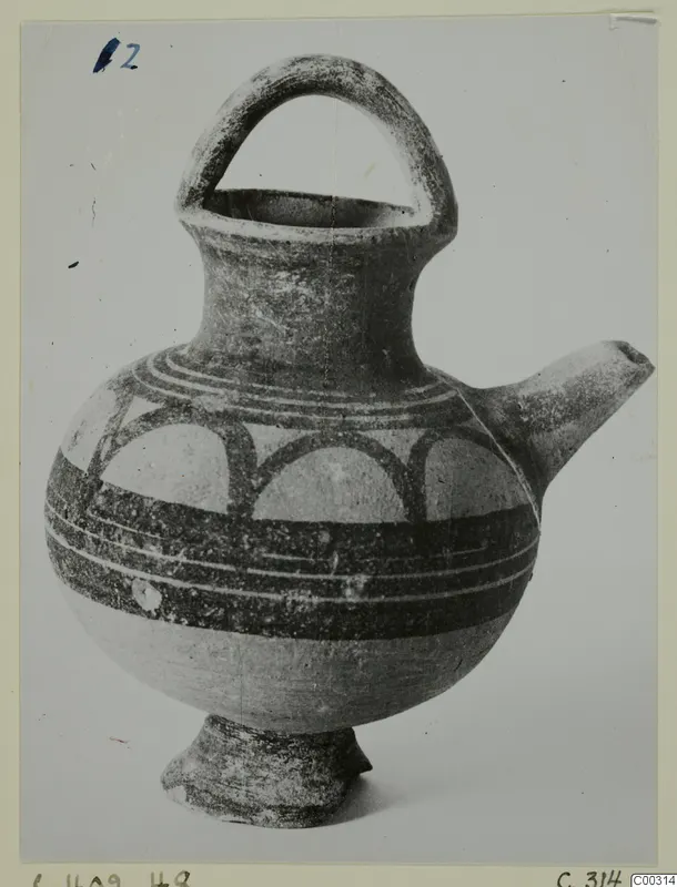 White Painted I jug with strap handle, side spout and painted bands, from Lapithos Kastros tombs