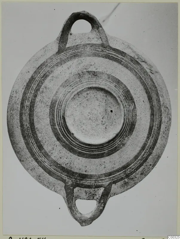 White Painted I bowl with two loop handles, photographed from above