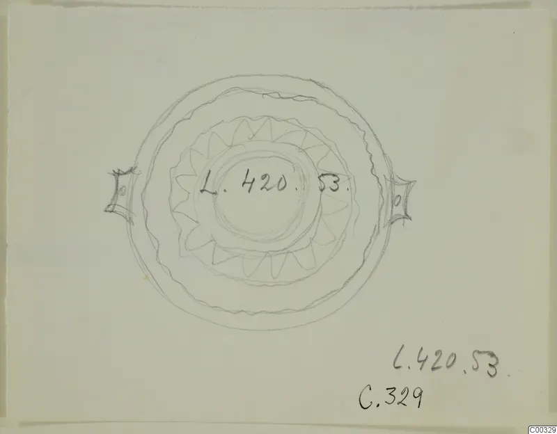 Pencil drawing of a bowl seen from above, with two small handles at the sides and a number label at the centre