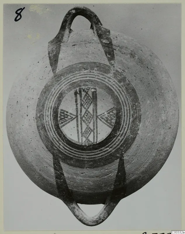 Shallow bowl with two loop handles, its interior painted with concentric rings and cross-hatched motifs, from Lapithos Kastros tombs