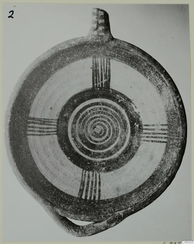 Pottery White Painted I bowl from Lapithos: a flat round vessel with a short neck and painted spiral and band decoration