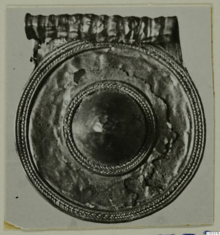Gold pendant, probably from Lapithos tomb 403, seen face on with concentric twisted-wire rings and a ribbed band at the top