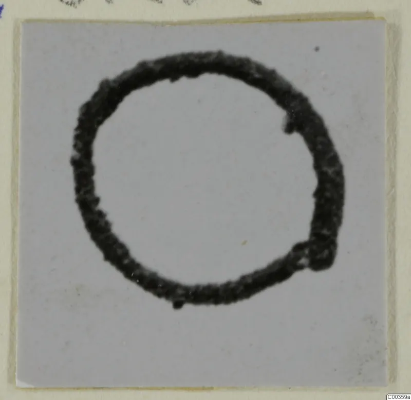 Dark ring-shaped bronze object on a light grey card.