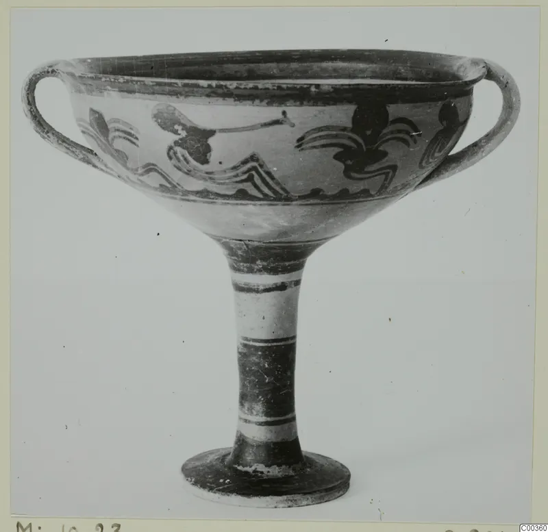Footed bowl with two handles and dark painted motifs, from Milia
