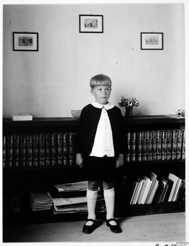 Young boy standing in front of a bookcase of bound volumes, with framed prints on the wall above.
