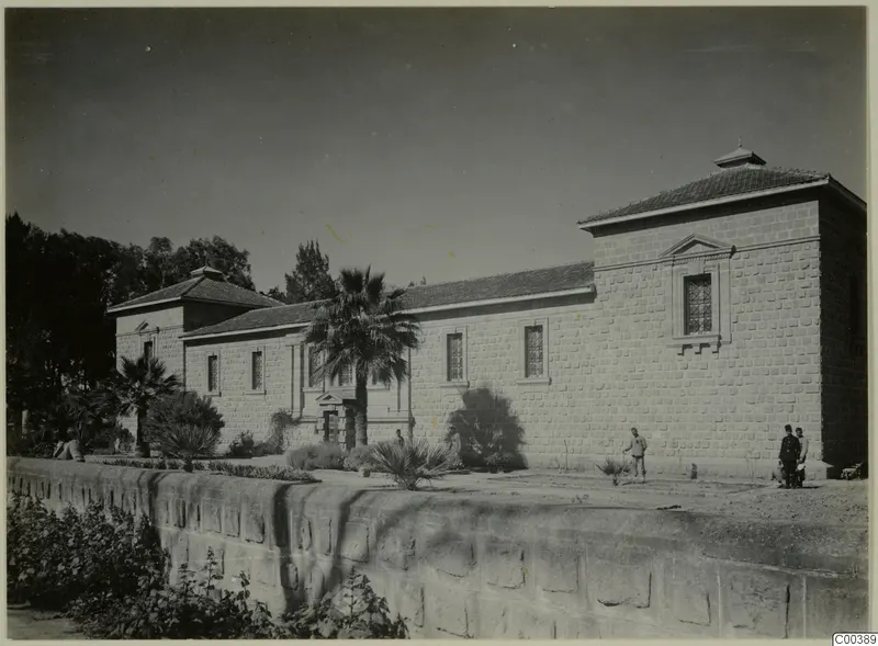 Long pale stone building of the Cyprus Museum in Nicosia, with palm trees and people by a low wall