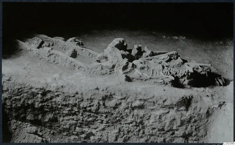 Partly uncovered skeleton lying in the chamber of Tomb 11 at Milia during excavation