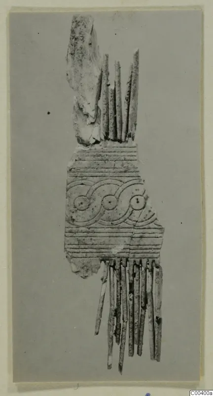 Carved bone fragment, possibly part of a comb, with incised bands and a scroll pattern