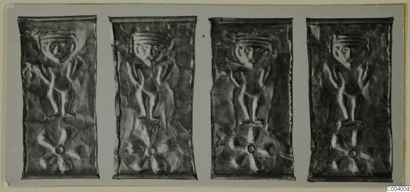 Four rectangular embossed metal plaques in a row, each with a raised figure with arms raised and a rosette motif below.