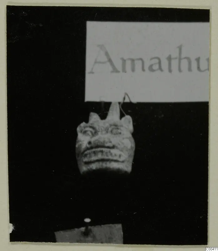Small carved stone head with a card label above it, from Tomb 317 at Lapithos