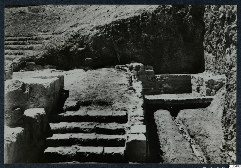 Excavated stone steps and walls at the theatre at Soli, seen from above during excavation.
