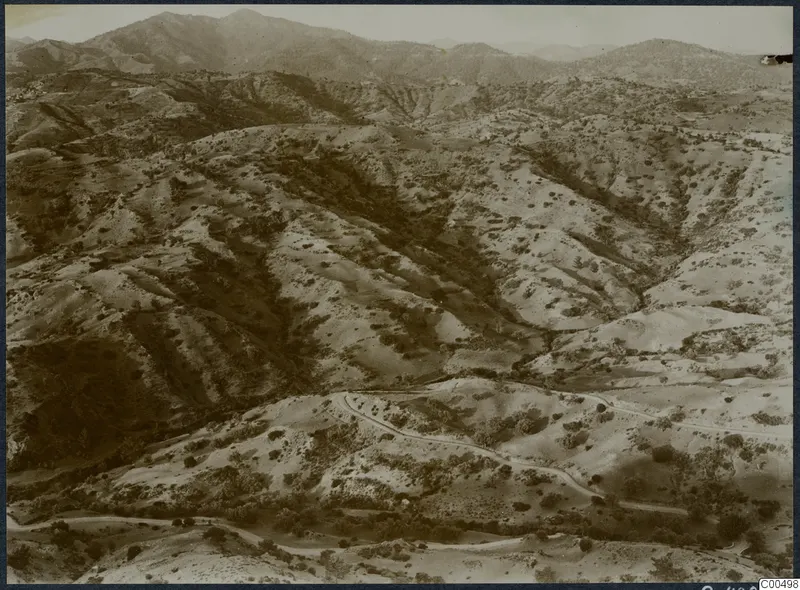 Aerial view of rounded hills with scrub and trees, winding roads across the slopes, and mountains beyond.
