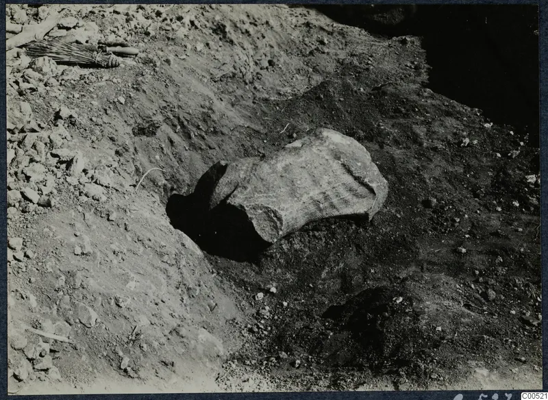 Worked stone fragment lying in an excavated trench at Vouni Palace