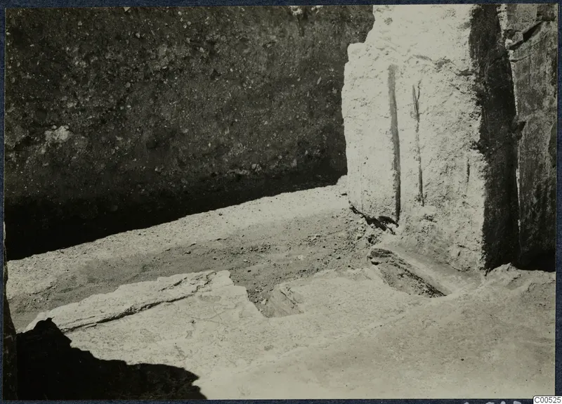 Excavated flagstones and a pale plastered wall in a trench at Vouni palace