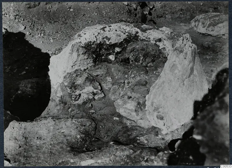 Excavation at Vouni palace with large pale stones lying in the soil.
