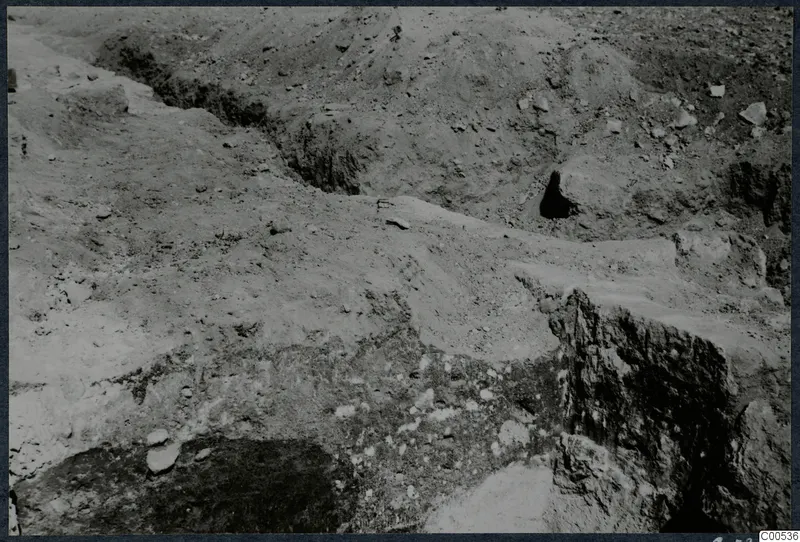 Excavated ground at Vouni with exposed stones and a cut trench running across the slope.
