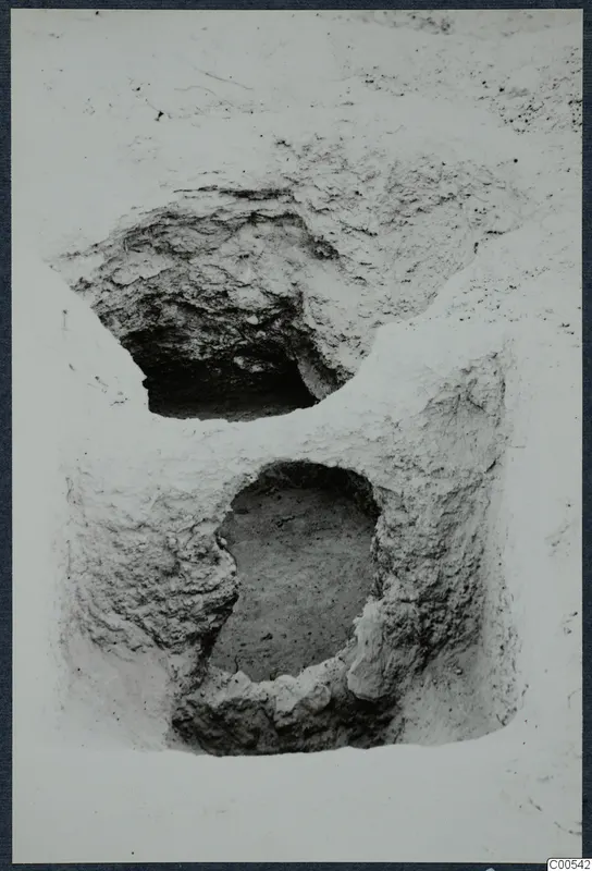 Excavated pale earth face at Vouni with two dark openings, one above the other