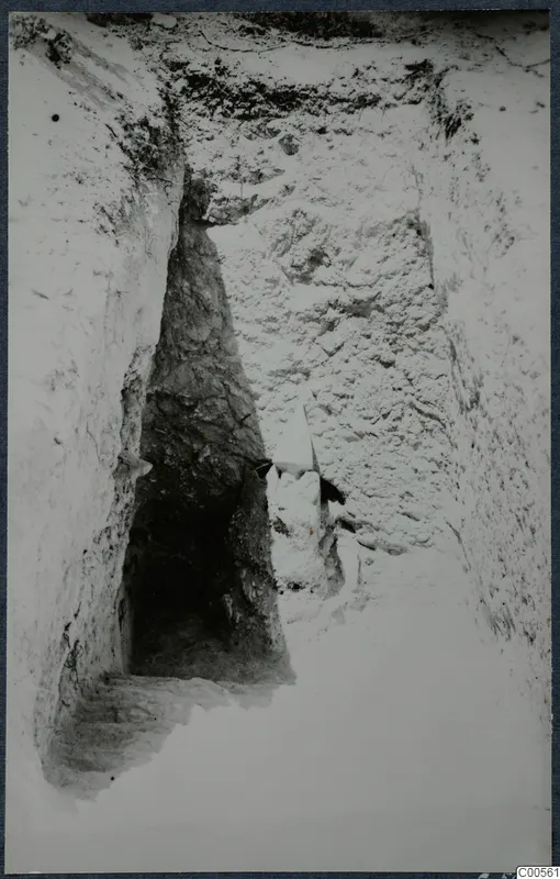 Narrow excavation trench at Vouni with a dark opening and steps at the left and a pale stone at the centre.