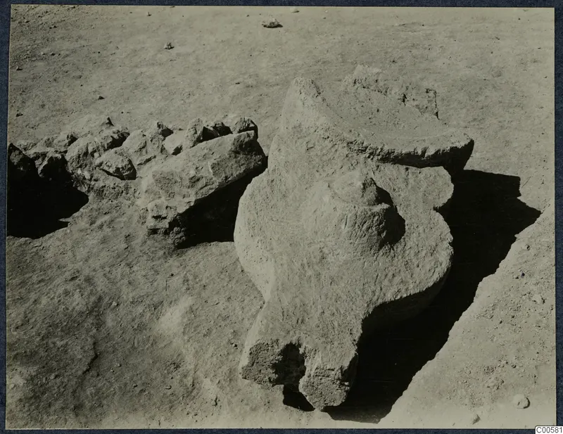 Finds in situ at Vouni Palace: a large weathered stone object and a row of broken stone blocks on dusty ground