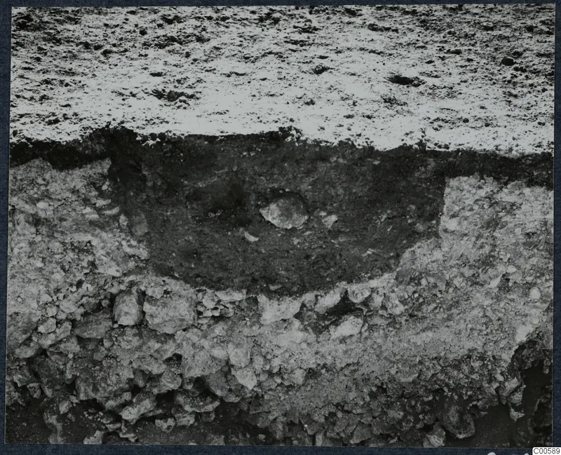 Close view of an excavated section at Vouni, showing stones and a dark soil fill between layers of rubble
