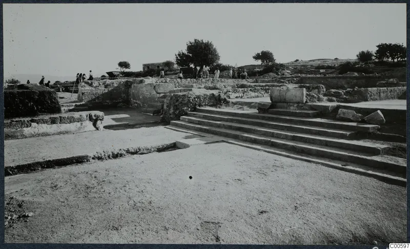 Broad stone steps and low ruined walls at Vouni Palace, with people and trees in the background.