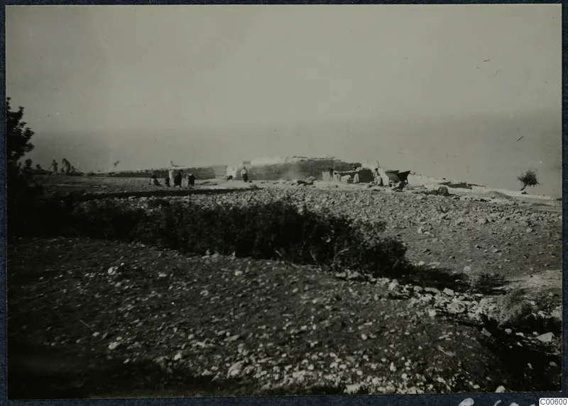 The palace at Vouni, with people, stones and trees across an open stony ground