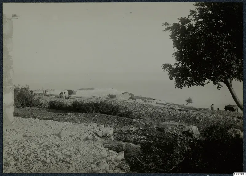 Pale ruined stone walls of the palace at Vouni on a rocky slope, with a few people and a large tree