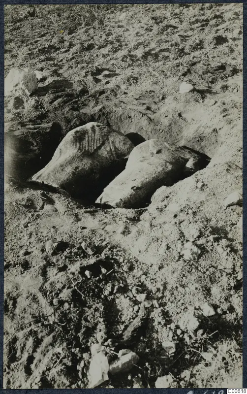 Two large stone objects half buried in loose sandy soil during excavation at Vouni