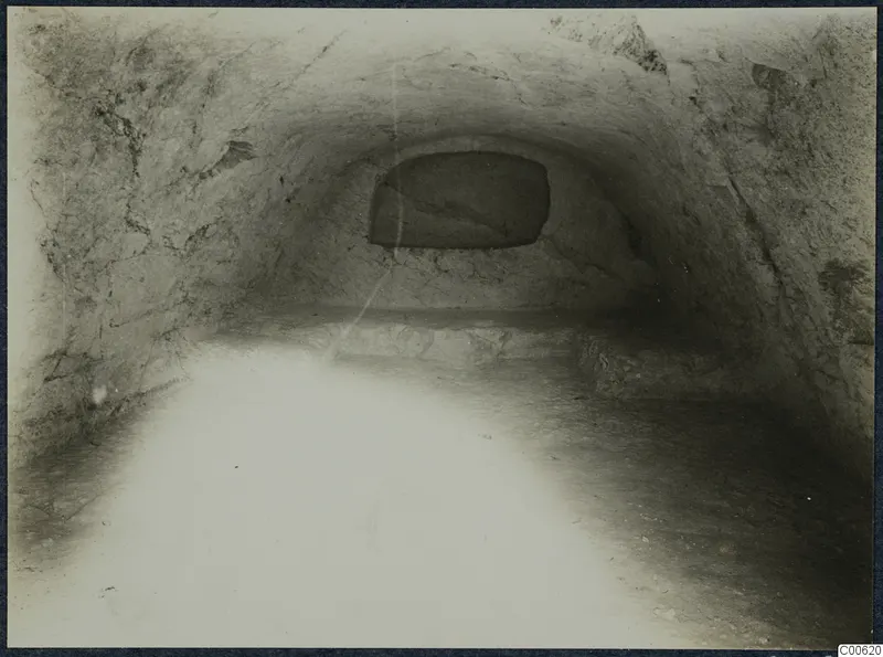 Interior of a rock-cut chamber with a vaulted ceiling, a rectangular slab in the far wall and a low ledge along the back.