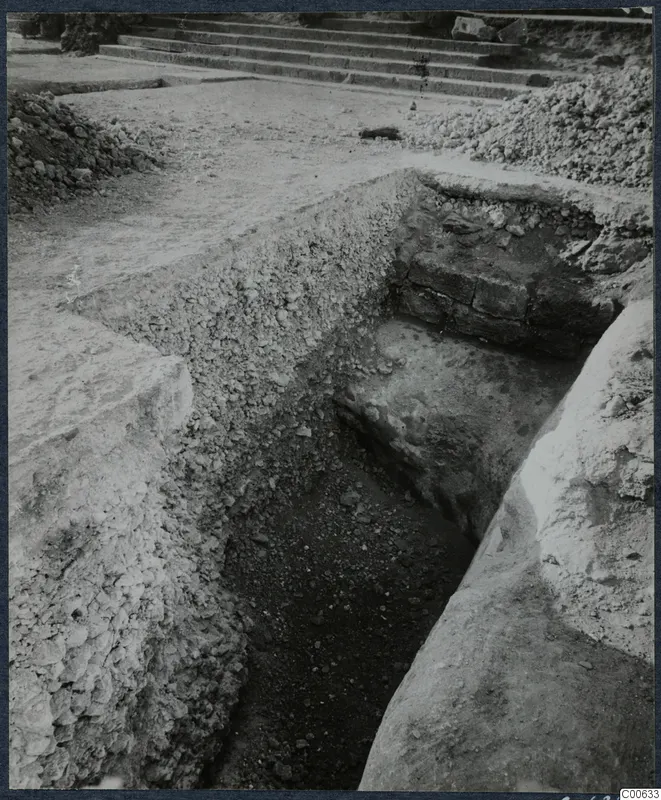 Excavation trench at Vouni with exposed stone blocks and a stone staircase behind it