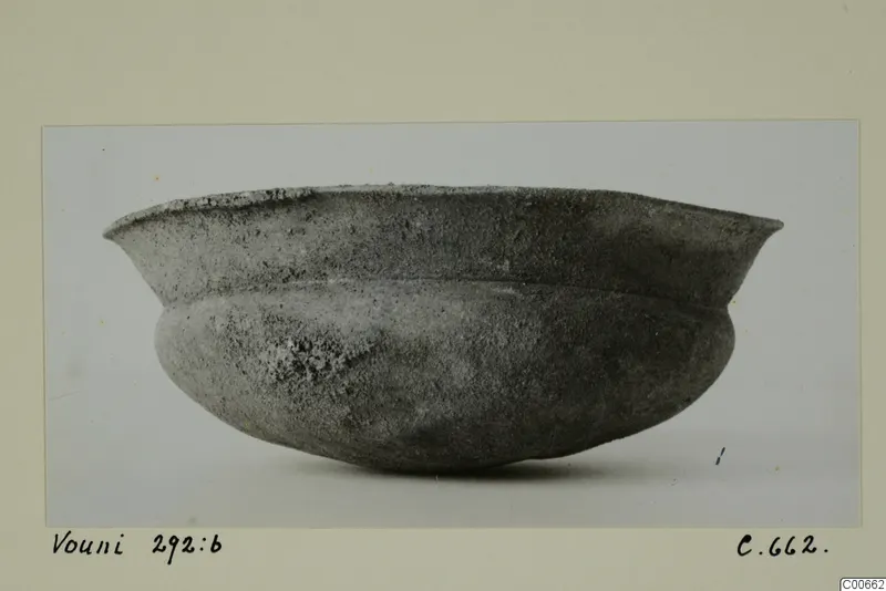 Bowl from Vouni with a flaring rim and rounded body, grey surface with pale encrustation