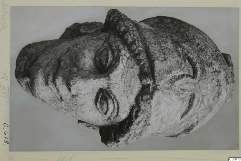 Limestone head from Vouni with a raised helmet-like ridge over the crown, shown on a grey backdrop