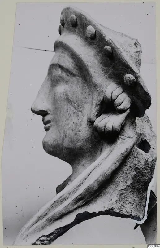 Head in profile facing left, a sculpted head from Vouni with a studded headdress and curled locks over the ear.