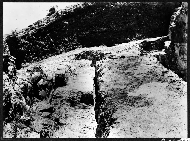 Excavation of the theatre at Soli, with stone blocks along a deep trench and a small tree on the bank above.