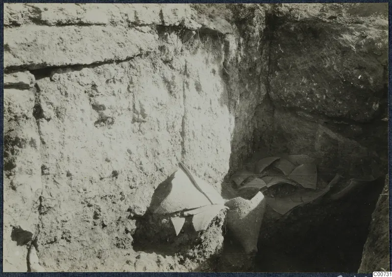 Pottery fragments lying in situ in an excavated trench at Vouni Palace, against a stone wall.