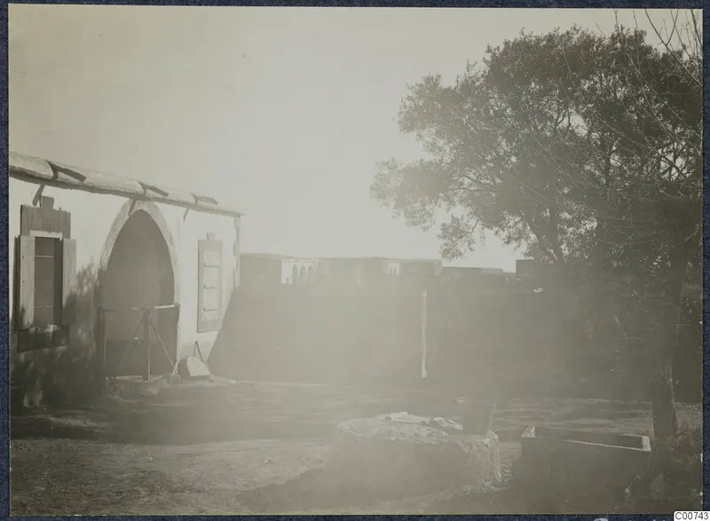 Whitewashed building with an arched doorway, a large tree and a stone well in a courtyard.