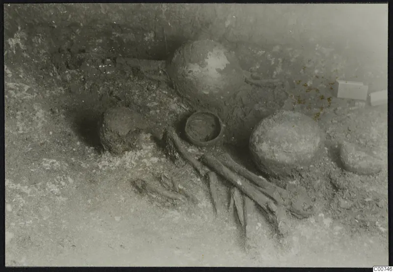Tomb 306 c. at Lapithos during excavation, with a skeleton and pottery vessels on the tomb chamber floor