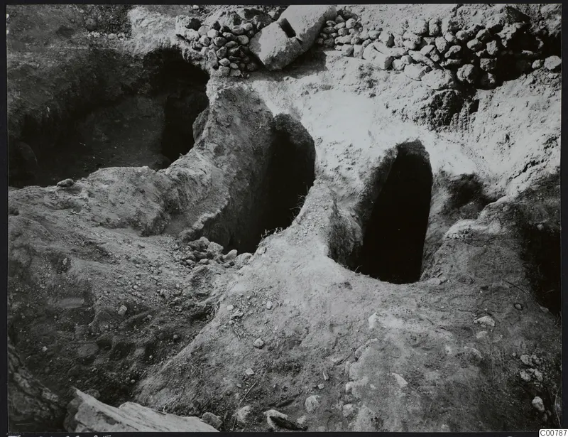Excavation at Lapithos Kastros showing two dark arched openings cut into the soil, with a stone rubble wall above.