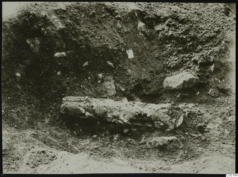 Excavation at Plakes, Lapithos, showing a long object and stones set in the excavated soil