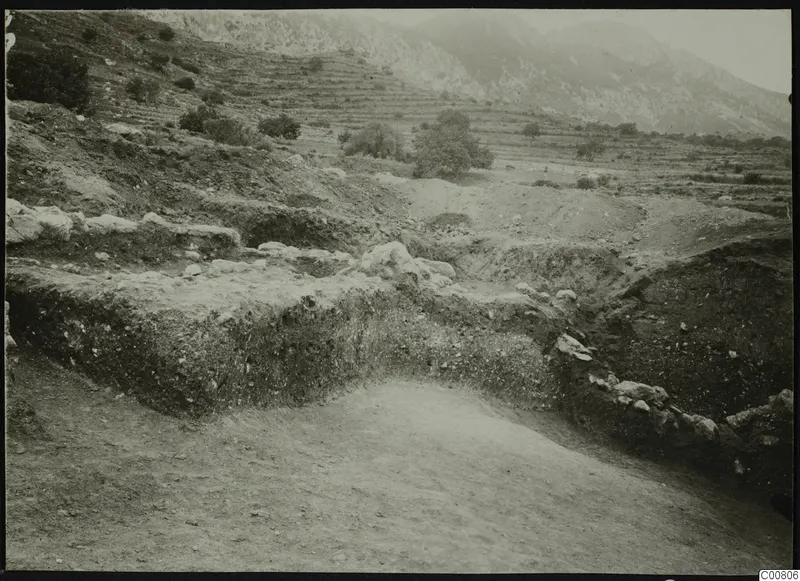 Excavation at Plakes, Lapithos, with exposed stone walling and trees on the terraced hillside